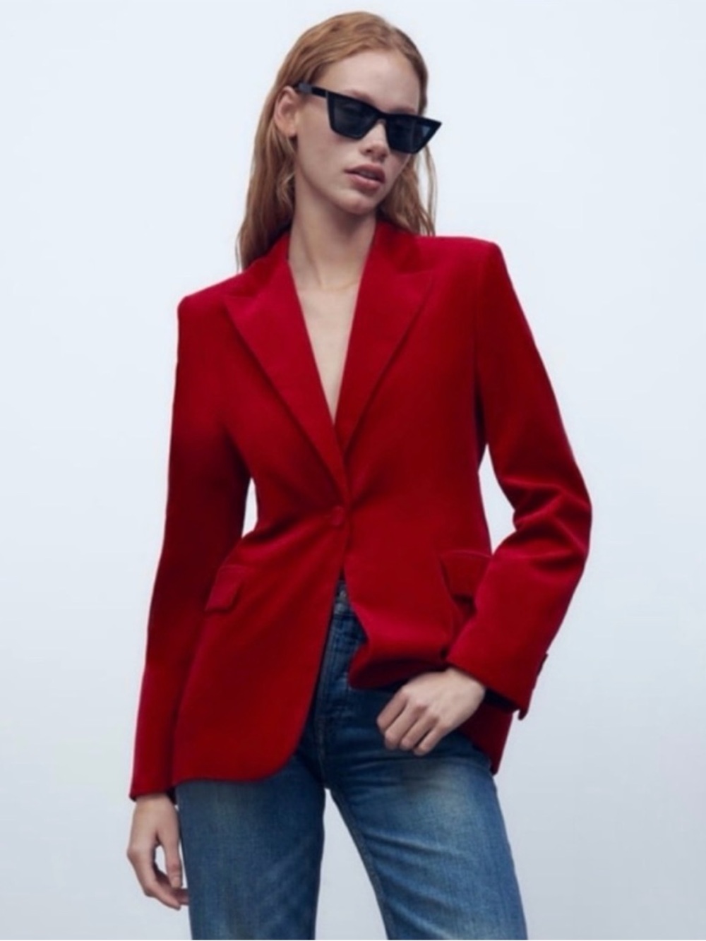 Zara Red Velvet Single-Button Tailored Blazer, NWOT, Sz M